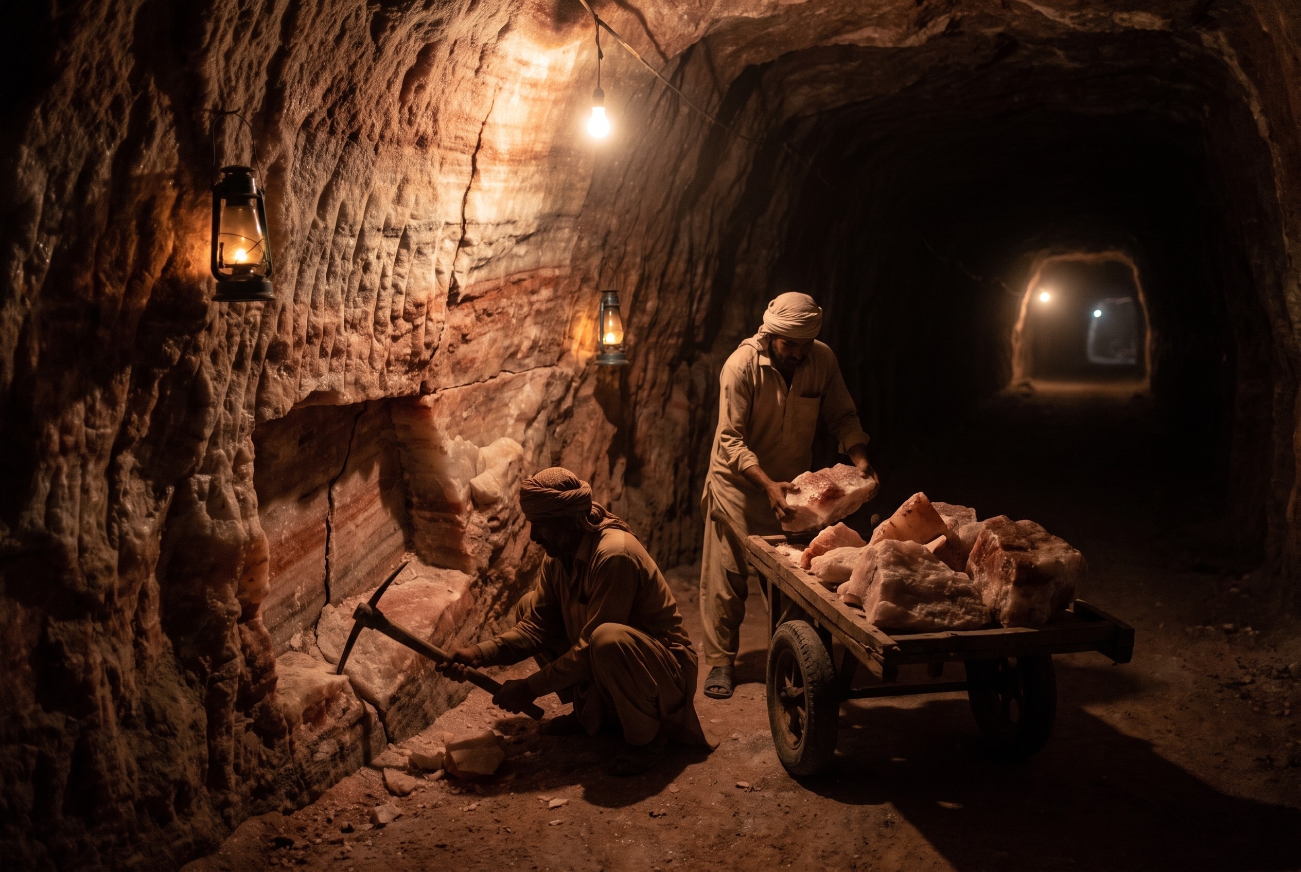 Miners hand-selecting Himalayan pink salt at the Khewra mine face